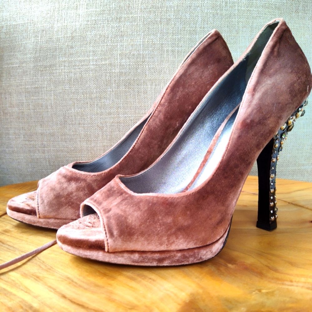 Miu Miu by Prada velvet peep toe pumps with rhinestone embellished heels